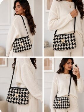 Black & White Houndstooth Crossbody Bag — Classic Women’s Shoulder Bag